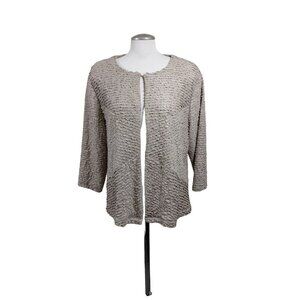 Chicos Travelers 3 Womens Cardigan Jacket XL Beige Metallic Gold Ruffled Stretch